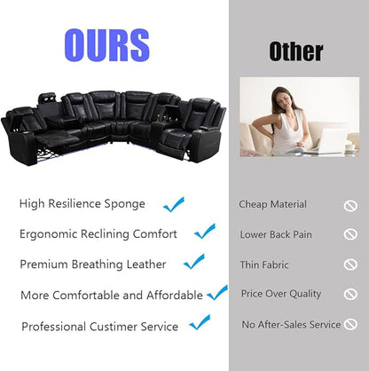 Power Recliner Sectional Sofa for Living Room, Leather Black Power Sectional Sofa with LED, Recliner Couch Sets with Read Lights, USB Charging, Cup Holders, Hidden Storage for Office/Home