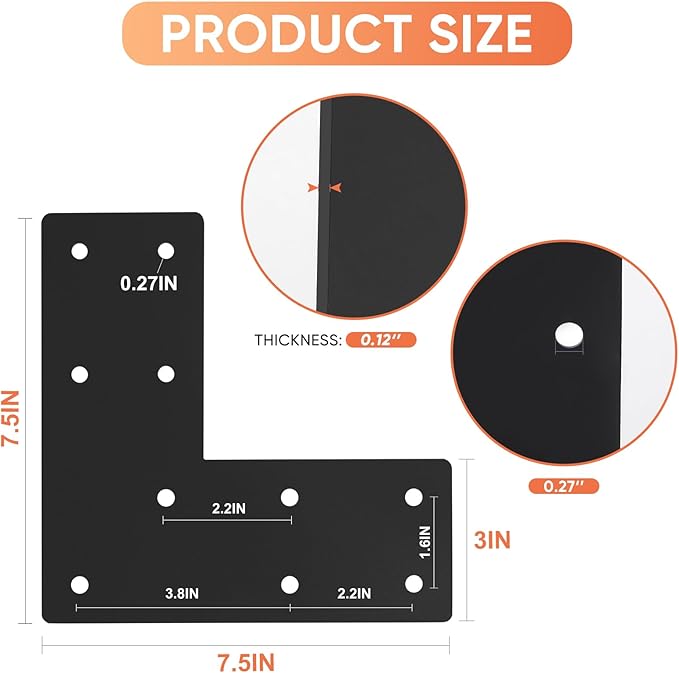 L Shape Flat Angle Bracket 4pcs, 7.5x7.5x3” L Mending Plate for 4x4,6x6 Post, L Shape Corner Brace Connector for DIY Projects-Home renovations, Construction, Shelving Systems