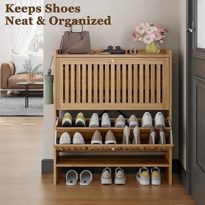 wanan 31.5" Shoe Cabinet with 2 Flip Slatted Drawers, Adjustable & Removable Panels, Narrow Shoe Cabinet Storage for Entryway, Hallway, Shoe Rack Organizer Cabinet, Light Oak