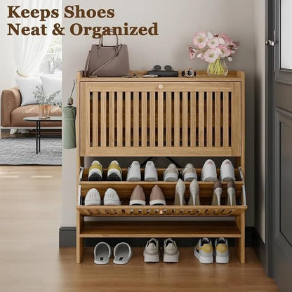 wanan 31.5" Shoe Cabinet with 2 Flip Slatted Drawers, Adjustable & Removable Panels, Narrow Shoe Cabinet Storage for Entryway, Hallway, Shoe Rack Organizer Cabinet, Light Oak