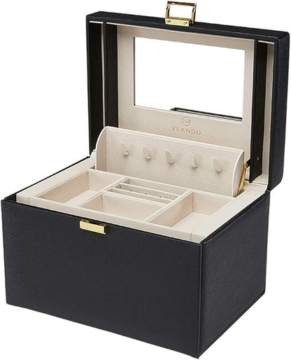 Vlando Jewelry Box Organizer for Girls Women, Large Baroque Jewelry Holder Organizer with Mirror, 3 Drawers for Bracelets, Earrings, Rings, Necklaces, Mothers Day Gifts for Loved One, Black