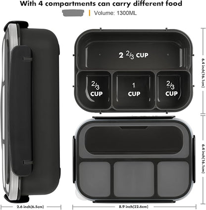 Bento Box Adult Lunch Containers, 5 Cup Box with 4 Compartments &Spork &Sauce Box, Leak-Proof, Microwave/Dishwasher Safe(Black)