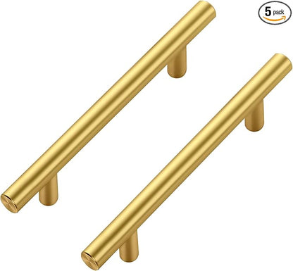 JOY DECOR 5 Pack Cabinet Handles, Gold Cabinet Pulls, 4 in Hole Center Kitchen Cabinet Handles, Stainless Steel T Bar Handles for Dresser Drawers