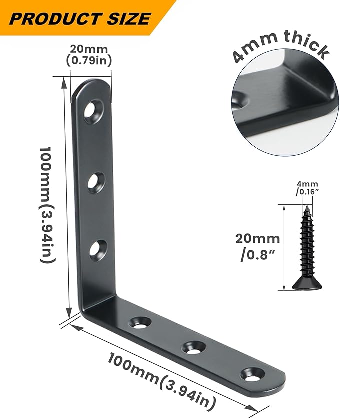 Alise 4 PCS L Brackets Heavy Duty Corner Bracket, 4 X4 Inch Black Floating Shelf Brackets for Shelves, Stainless Steel L Shape Wall Mounting Brackets, Metal L Joint Angle Bracket for Wood Shelving