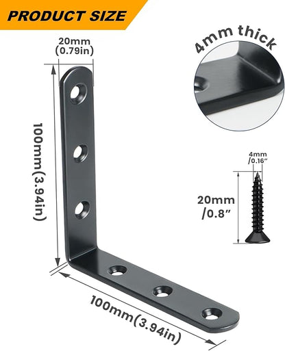Alise 4 PCS L Brackets Heavy Duty Corner Bracket, 4 X4 Inch Black Floating Shelf Brackets for Shelves, Stainless Steel L Shape Wall Mounting Brackets, Metal L Joint Angle Bracket for Wood Shelving