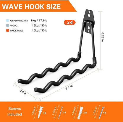 Heavy Duty Garage Hooks 4 Pack, 7.7 inch Wave Long Hanger, Wall Mounted Storage System, Power and Garden Tool Organizer, for Hanging Ladders, Bikes, Hose, Bulk Items and More