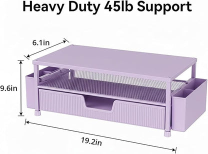 Desk Organizer and Accessories, 2-Tier Computer Monitor Stand Rise with Storage Drawer & 2 Pen Holders, Laptop & Printer Stand for Desktop, Workspace Organizers for Office Supplies (Purple)
