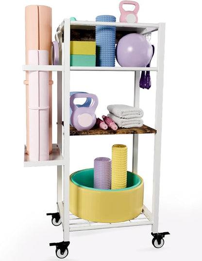 Yoga Mat Storage Rack with Wheels, 3 Tier Home Gym Workout Equipment Organizer for Dumbbells, Kettlebells, Foam Rollers
