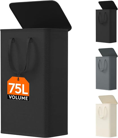 Lifewit 75L Slim Small Laundry Hamper, Laundry Basket with Lid, Dirty Collapsible Clothes Storage with Easy Carry Extended Handles, Tall Hampers for Bedroom Laundry Room, Black, 1 Pack