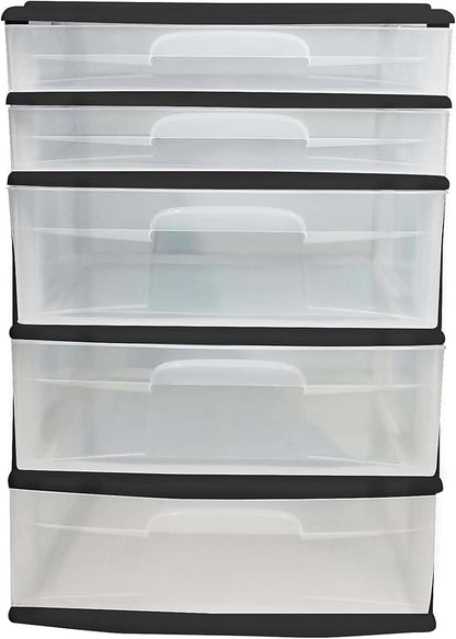 HOMZ Drawer Tower, 5-Tier Extra-Wide Clear Plastic Storage Organizer Cart, Black Frame - Stackable Container Boxes for Bedroom, Bathroom, Garage, and Office Organization