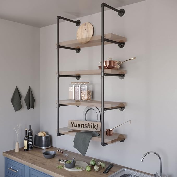 Yuanshikj 2Pc (56" Tall 12" deep,3/4") Industrial Wall Mount Iron Pipe Shelf Shelves Shelving Bracket Vintage Retro Black DIY Bookshelf Storage Office Room Kitchen (5Tier Hardware Only)