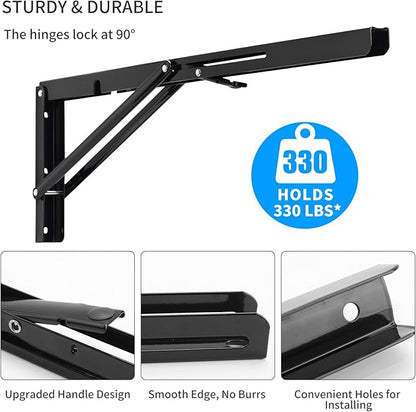 YUMORE Folding Shelf Brackets, 18 Inch Heavy Duty Collapsible Shelf Bracket, Black DIY L Bracket for Workbench Folding Table Hinge, Max Load: 330lb, 2 Pack