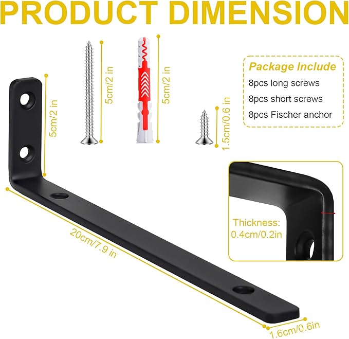 L Bracket 4 Pack, Heavy Duty L Shelf Bracket, 8"×2"(200×50mm) Metal Floating Shelf Brackets with Screws & Fischer Anchors for Kitchen/Bedroom/Outdoor (8 inch)