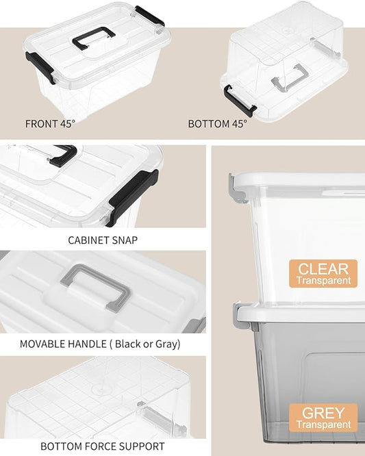 6 Pack Plastic Storage Bins with Lids 7 Quart Stackable Clear Storage Bins with Buckle Lids and Handle easy for Home Office Pantry Organization, Grey