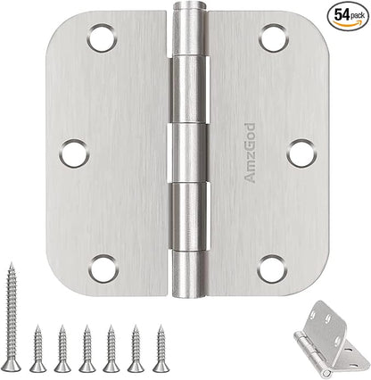 Door Hinges Brushed Nickel - 54 Pack Nickel Door Hinges 3.5 Inch Rounded Interior Satin Nickel Door Hinge with 5/8" Radius - Flat Iron Residential Standard 3 1/2 Inches Silver Door Hardware