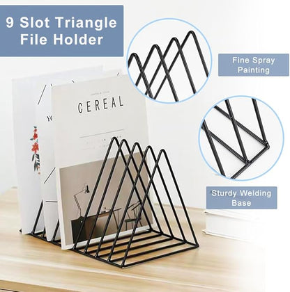 4Pcs Triangle File Holder, 9 Slot Black Magazine Holder, Metal Vinyl Record Storage Stand, Desktop File Organizer Magazine Rack, Bookshelf Organizer for Office Home, Letter Book