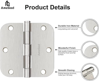 Door Hinges Brushed Nickel - 18 Pack Satin Nickel 3.5 Inch Rounded Interior and Exterior Door Hinges with 5/8" Radius - 3 1/2 Inch Silver Residential Standard Door Hardware