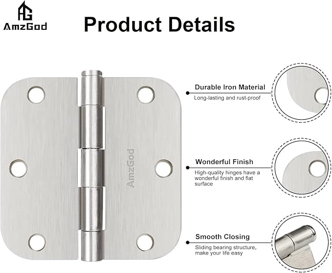Door Hinges Brushed Nickel - 30 Pack Satin Nickel 3.5 Inch Rounded Interior and Exterior Door Hinges with 5/8" Radius - 3 1/2 Inch Silver Residential Standard Door Hardware