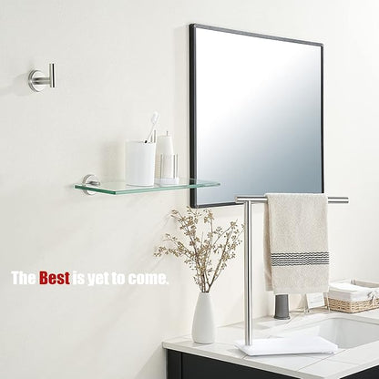 JQK Bathroom Glass Shelf, Tempered Glass Shower Storage 14 by 5 inches, 304 Stainless Steel Brushed Finish Wall Mount, TGS101L14-BN