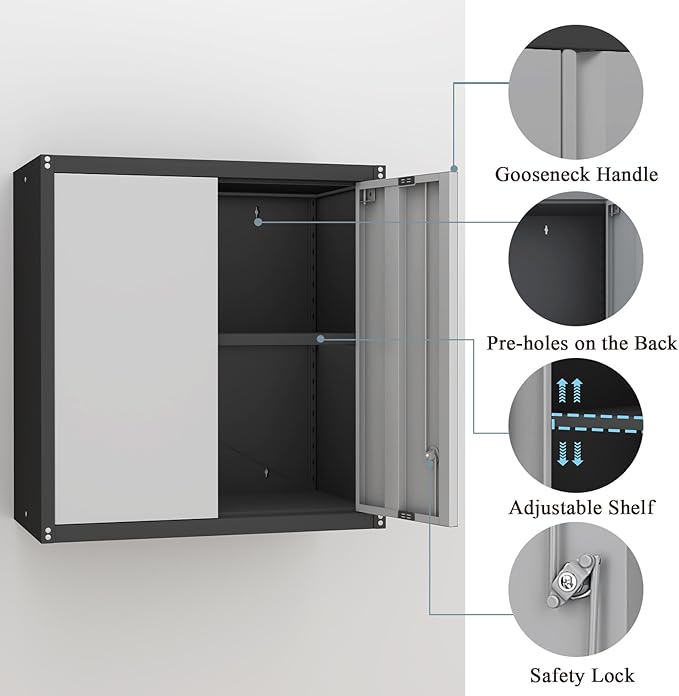 Locking Metal Wall Cabinet, 28" Metal Storage Cabinets with Doors and Shelf, Steel Garage Locker Mounted Small Tool Chest for Home Office, Kitchen, Pantry