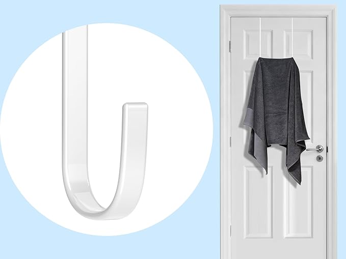 Over the Door Metal Hooks with Plastic Coating 12" Fit 0.5" to 1 3/8" Door 4 Pcs Heavy Duty Single Towel Robe Rack Wreath Bathroom Shower Hanger Shoe Organizer Ironing Board Long White
