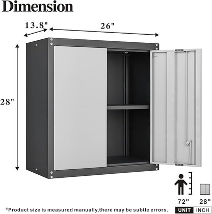 GREATMEET Lockable Storage Cabinet, Metal Garage Storage Cabinets, Metal Wall Cabinet for Garage, Wall Mount Cabinet with Lock and Adjustable Shelf, Floating, Black&Grey