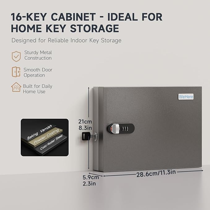 WeHere 16 Key Lock Box – Wall Mounted Key Cabinet with Dual Lock (Key & 3-Digit Combination), Home & Small Office Key Organizer for Entryway & Garage，Includes Key Tags