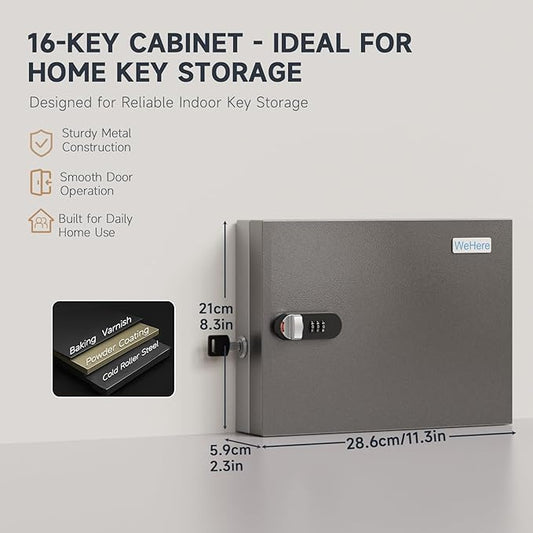 WeHere 16 Key Lock Box – Wall Mounted Key Cabinet with Dual Lock (Key & 3-Digit Combination), Home & Small Office Key Organizer for Entryway & Garage，Includes Key Tags
