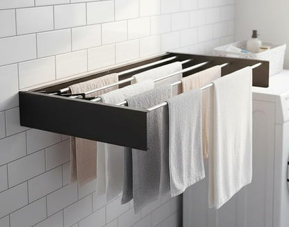Wall Mounted Clothes Drying Rack, 32" Space Saving Foldable Laundry Drying Rack with Wall Template for Bathroom, Apartment, College Dorm (Black 5 Rods)