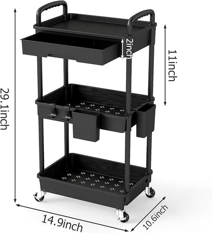 3 Tier Rolling Utility Cart with Drawer, Plastic Storage Organizer Rolling Carts with Wheels Handles Hanging Cups Hooks for Office, Bathroom, Kitchen,Craft Art Room (Black)