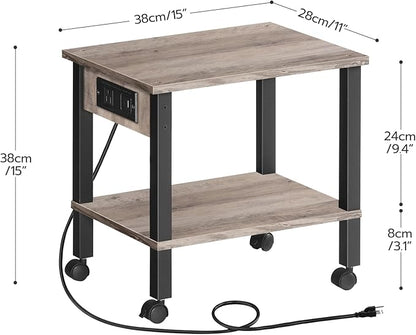 HOOBRO 2-Tier Printer Stand with Charging Station, Under Desk Printer Table, Printer Cart with Storage Shelves, Shelf for Small Spaces, for Home Office, Greige and Black BG38UPS01