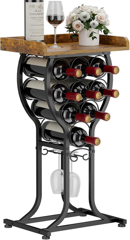 X-cosrack Wine Rack Freestanding Floor, Mini Wine Storage Rack, Desktop Wine Bottle Display Stand with Wine Glass Holder, Mini Bar Table with Tabletop for Home Bar Kitchen Living Room