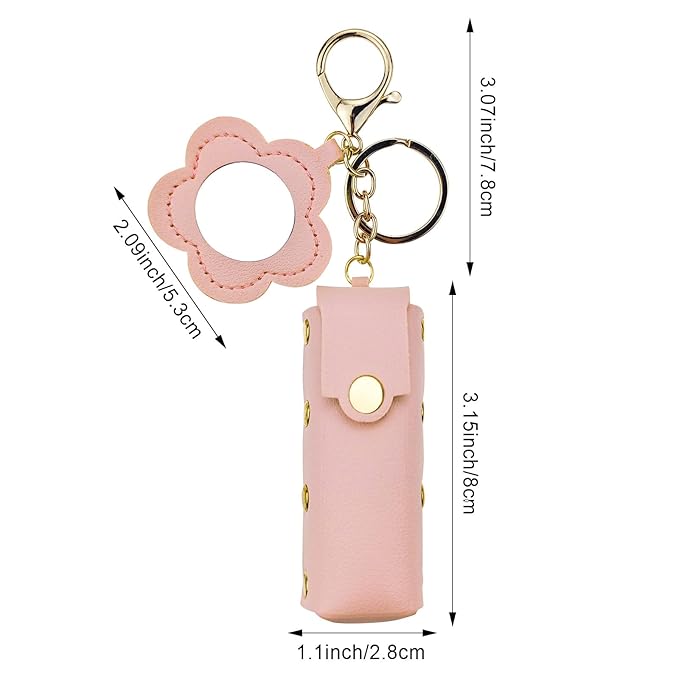 4 PACK PU Leather Potable Chapstick Holder Key Chain Bulk with Mirror, Lipstick Keychain, Lip Balm Organizer Holder Lipstick Travel Makeup Storage Case for Women Girls (Style 3)