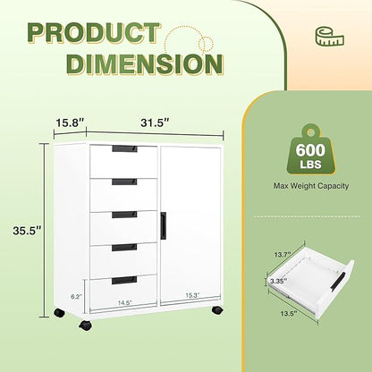 Office Storage Cabinet, 5 Drawer Metal Cabinet w/Universal Wheels, Printer Stand with Storage Shelves, Craft Storage Drawers, Rolling File Cabinets for Home Office (White)