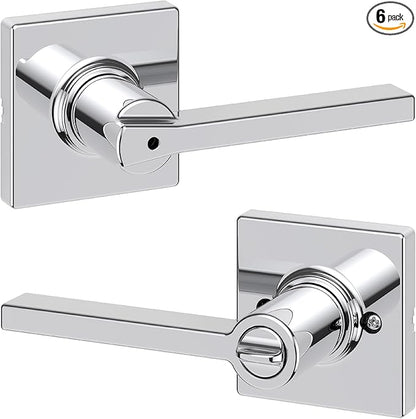 Kwikset Casey Interior Privacy Door Handle with Lock, Door Lever for Bathroom and Bedroom, Polished Chrome Reversible Keyless Turn Lock (Pack of 6)