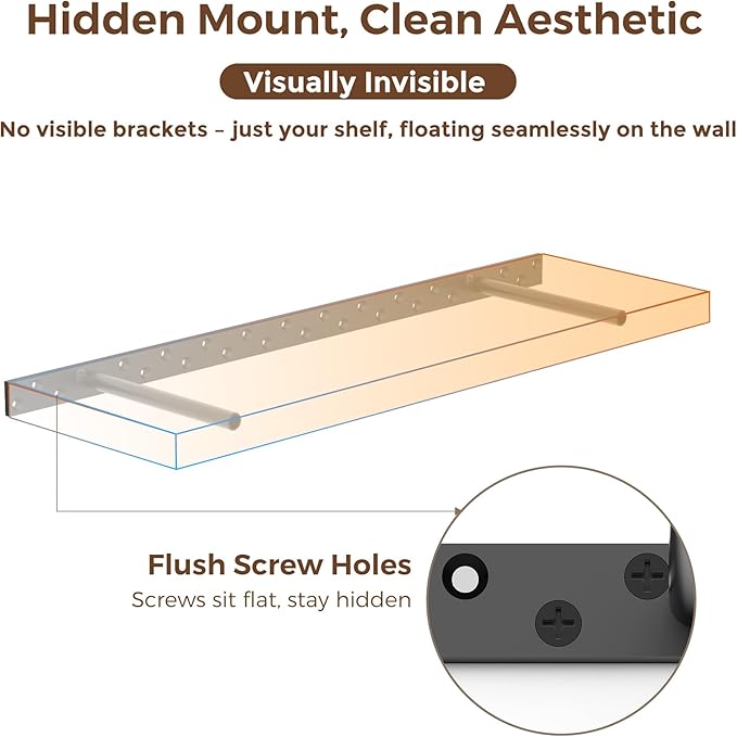 2pcs Floating Shelf Bracket Heavy Duty Floating Mantel Bracket Black Metal Decorative Floating Shelf Hardware Hidden Shelving Mounting Brackets (43″X8″X1″)