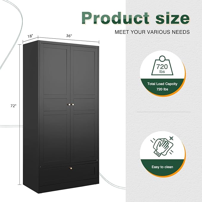 Letaya Wardrobe Closet,72" H Clothing Metal Storage Cabinet with Storage Drawer Adjustable Shelves and Hanging Rod,Bedroom Armoire Cabinet Clothes Organizer (Black) | Storage Drawer, Adjustable Shelves, Hanging Rod, Armoire Cabinet, Clothes Organizer