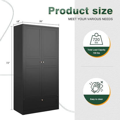 Letaya Wardrobe Closet,72" H Clothing Metal Storage Cabinet with Storage Drawer Adjustable Shelves and Hanging Rod,Bedroom Armoire Cabinet Clothes Organizer (Black) | Storage Drawer, Adjustable Shelves, Hanging Rod, Armoire Cabinet, Clothes Organizer