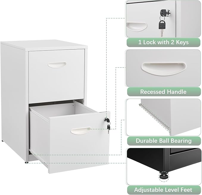 2 Drawer File Cabinet with Lock, White Filing Cabinets for Home Office, Metal Locking File Cabinet with Two Drawers, Light Duty File Storage Cabinet for Letter Size - Assembly Required