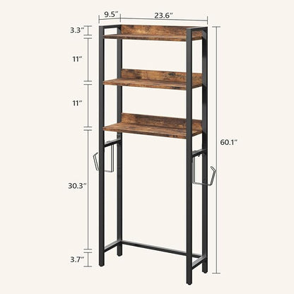 Over The Toilet Storage Rack, 3 Tier Bathroom Organizer Over Toilet, Freestanding Space Saver Toilet Stand with 2 Hooks, Bathroom Storage Shelf, Easy to Assemble, Rustic Brown TSHR6001