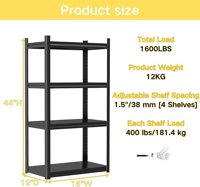 Kitchen Storage Shelves, 44''H*16''W Microwave Stand, Adjustable Metal Shelving, 1600LBS Bakers Rack, Black Kitchen Shelf, 4-Tier Shelving Unit for Bathroom, Pantry, Laundry, Closet, Garage