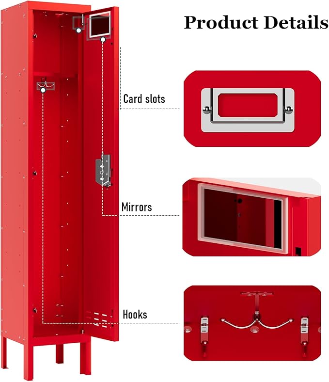 Metal Storage Locker with Lock & Card Slot Locker - Secure Lockable Door - Steel Locker for School, Office, Gym, Home - 66.15" H x 11.8" W x 11.8" D（1 Door, Red）