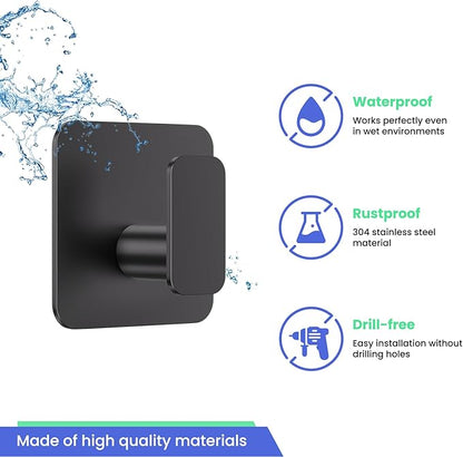 Black Hooks for Hanging Heavy Duty, Adhesive Hooks for Shower, Bathroom, Kitchen, Robe, Towel, Coat, Waterproof & Rustproof Hook for Walls No Damage, Sticky Wall Towel Hooks - 6 Pack