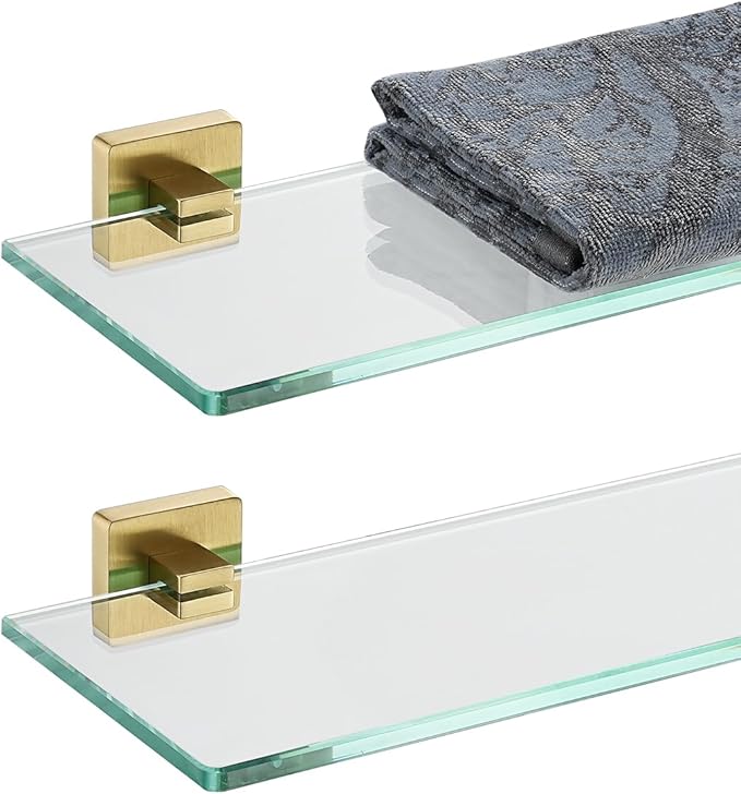 JQK Bathroom Glass Shelf, Floating Tempered Glass Shower Storage 16 by 5 inches, 304 Stainless Steel Brushed Gold Wall Mount 2 Pack, TGS201L16-BG-P2