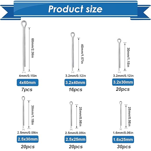 Cotter Pin Assortment Kit - 304 Stainless Steel 13 Sizes Cotter Pins & R Clips Cotter Pin Set for Hitch Pin Lock Systems