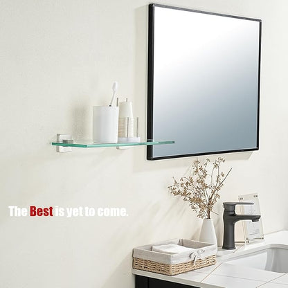 JQK Bathroom Glass Shelf, Floating Tempered Glass Shower Storage 16 by 5 inches, 304 Stainless Steel Brushed Finish Wall Mount 2 Pack, TGS201L16-BN-P2