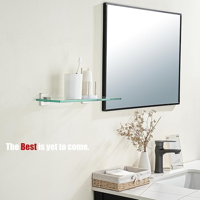 JQK Bathroom Glass Shelf, Floating Tempered Glass Shower Storage 16 by 5 inches, 304 Stainless Steel Brushed Finish Wall Mount, TGS201L16-BN