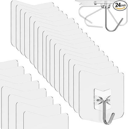 Heavy Duty Adhesive Hooks 24 Pack - Holds 15 lbs, No Drill Stick Plastic Hook Hangers for Hanging Towel Shower Bathroom, Kitchen, Cabinet - Strong Wall Hanger for Ornaments, Apartment Bedroom