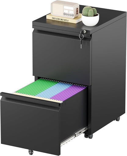 Bonusall 2-Drawer Metal File Cabinet with Lock - Mobile Filing Cabinet for Letter/A4 Size, Under Desk Office Storage Organizer with Wheels, Easy Assembly, High Capacity, Black