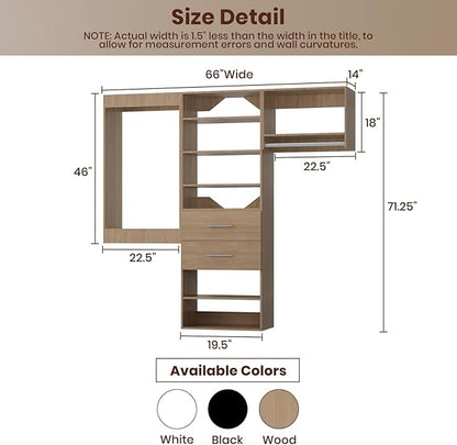 ROOMTEC Modular Closet System, 66" Wall Mounted Modern Closet Organizer with Hanging Rods and Drawers, Wooden Tower for Walk-In Closets, Wardrobe Storage Kit, Wood